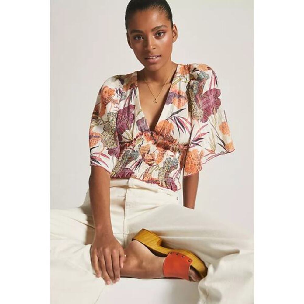 Anthropologie floral flow sleeve smocked blouse